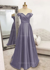 A-line Off-the-Shoulder Sleeveless Long/Floor-Length Satin Corset Prom Dress With Pleated Gowns, Evening Dress Store