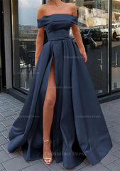 A-line Off-the-Shoulder Sleeveless Long/Floor-Length Satin Corset Prom Dress With Split outfit, Prom Dresses 2048