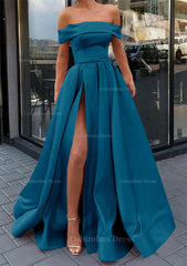 A-line Off-the-Shoulder Sleeveless Long/Floor-Length Satin Corset Prom Dress With Split outfit, Prom Dresses Outfits