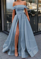 A-line Off-the-Shoulder Sleeveless Long/Floor-Length Satin Corset Prom Dress With Split outfit, Prom Dresses Casual
