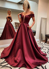 A-line Off-the-Shoulder Sleeveless Satin Sweep Train Corset Prom Dress With Pockets Gowns, Prom Dress Long With Sleeves