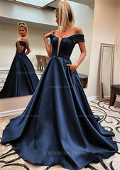 A-line Off-the-Shoulder Sleeveless Satin Sweep Train Corset Prom Dress With Pockets Gowns, Prom Dresses Long With Sleeves