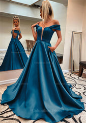 A-line Off-the-Shoulder Sleeveless Satin Sweep Train Corset Prom Dress With Pockets Gowns, Prom Dress Long Mermaid
