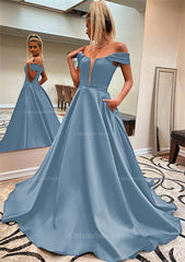 A-line Off-the-Shoulder Sleeveless Satin Sweep Train Corset Prom Dress With Pockets Gowns, Prom Dresses Long Mermaide