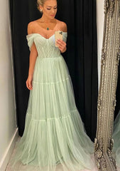 A-line Off-the-Shoulder Sleeveless Sweep Train Tulle Corset Prom Dress With Pleated Gowns, Formal Dress For Teen