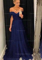A-line Off-the-Shoulder Sleeveless Sweep Train Tulle Corset Prom Dress With Pleated Gowns, Formal Dresses For Teen