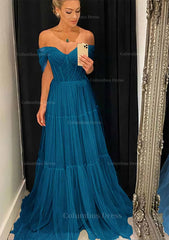A-line Off-the-Shoulder Sleeveless Sweep Train Tulle Corset Prom Dress With Pleated Gowns, Formal Dress For Teens