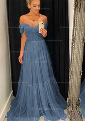 A-line Off-the-Shoulder Sleeveless Sweep Train Tulle Corset Prom Dress With Pleated Gowns, Formal Dress For Graduation