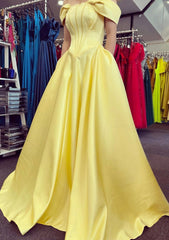 A-line Off-the-Shoulder Strapless Long/Floor-Length Satin Corset Prom Dress With Pleated Pockets Gowns, Party Dress For Wedding