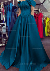 A-line Off-the-Shoulder Strapless Long/Floor-Length Satin Corset Prom Dress With Pleated Pockets Gowns, Party Dress Summer