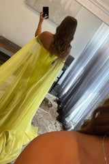 A Line Off the Shoulder Yellow Long Corset Prom Dress with Slit Gowns, A Line Off the Shoulder Yellow Long Prom Dress with Slit