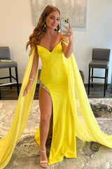 A Line Off the Shoulder Yellow Long Corset Prom Dress with Slit Gowns, A Line Off the Shoulder Yellow Long Prom Dress with Slit