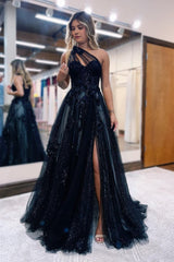 A Line One Shoulder Black Long Corset Prom Dress with Appliques Gowns, A Line One Shoulder Black Long Prom Dress with Appliques