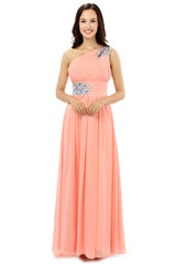 A-line One-shoulder Chiffon Beaded Crystals Coral Corset Bridesmaid Dresses outfit, Party Dress Stores