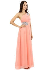 A-line One-shoulder Chiffon Beaded Crystals Coral Corset Bridesmaid Dresses outfit, Party Dress Store