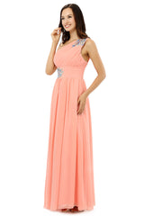 A-line One-shoulder Chiffon Beaded Crystals Coral Corset Bridesmaid Dresses outfit, Party Dresses On Sale