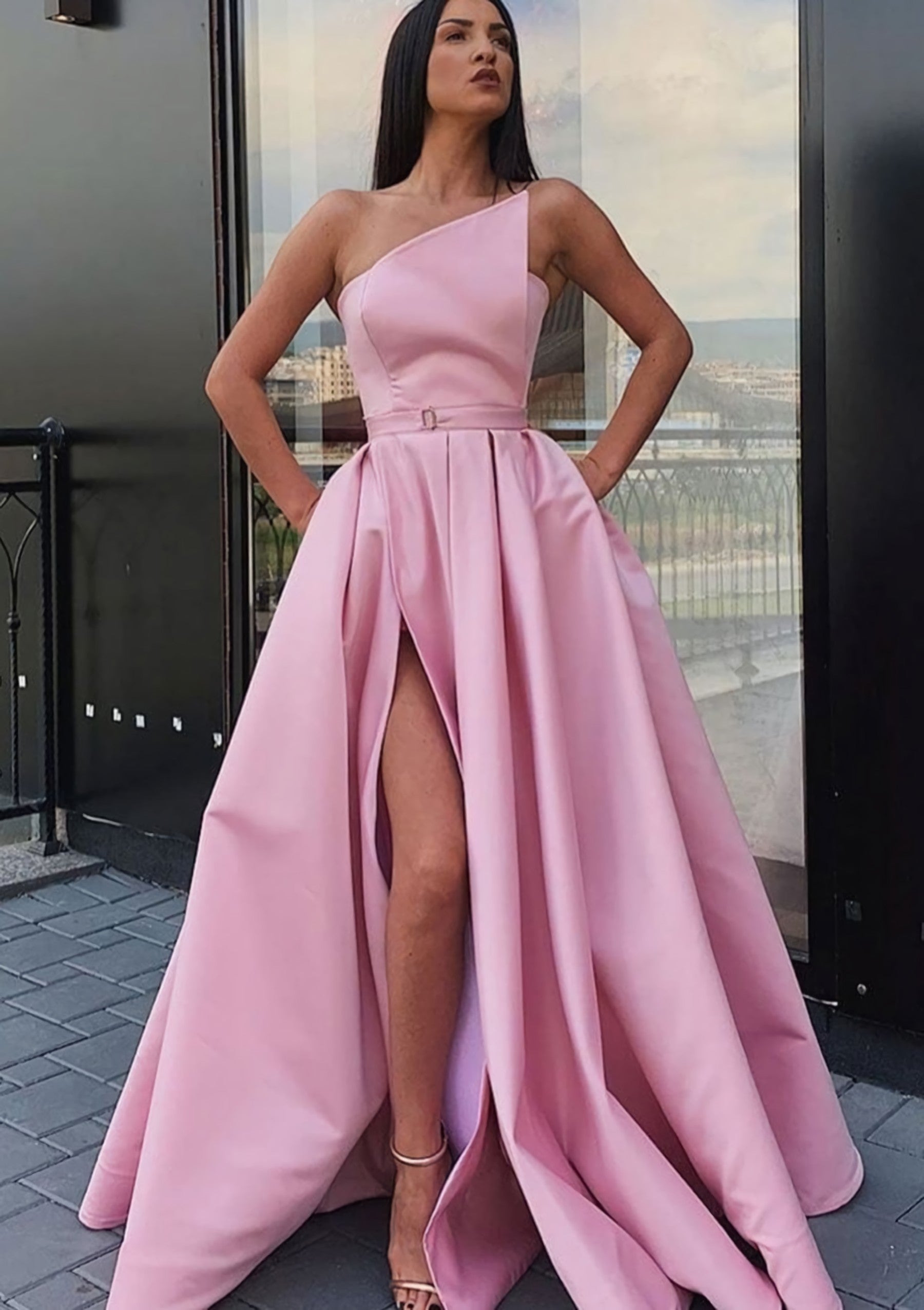 A-line One-Shoulder Long/Floor-Length Satin Corset Prom Dress With Pockets Waistband Split outfit, Bridesmaids Dresses Mismatched