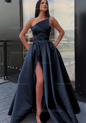 A-line One-Shoulder Long/Floor-Length Satin Corset Prom Dress With Pockets Waistband Split outfit, Bridesmaid Dresses Mismatch