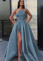 A-line One-Shoulder Long/Floor-Length Satin Corset Prom Dress With Pockets Waistband Split outfit, Bridesmaid Dresses Style