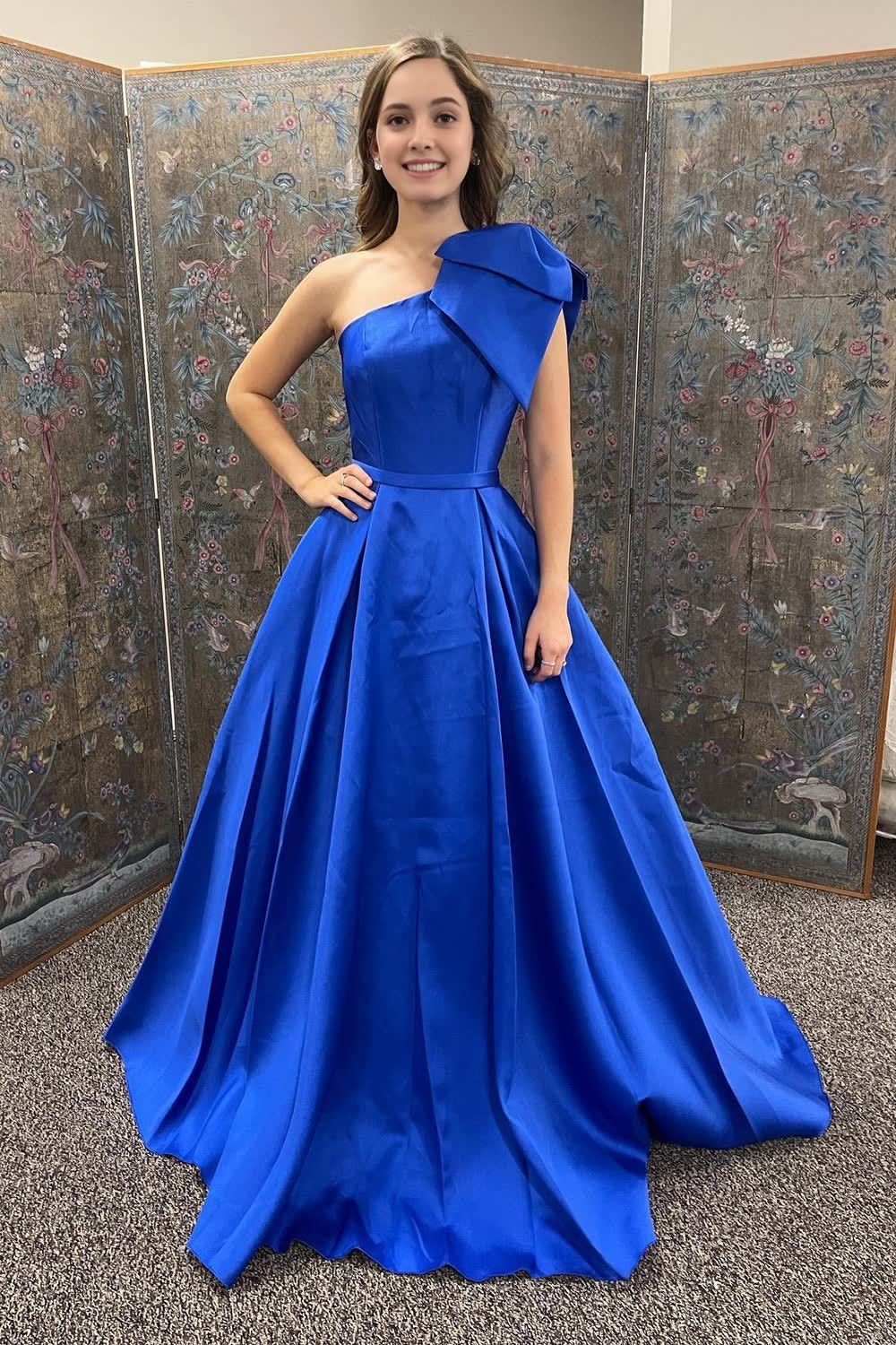 A Line One Shoulder Royal Blue Long Corset Prom Dress with Bowknot outfit, A Line One Shoulder Royal Blue Long Prom Dress with Bowknot