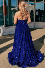 A Line One Shoulder Royal Blue Sequins Long Corset Prom Dress outfits, A Line One Shoulder Royal Blue Sequins Long Prom Dress