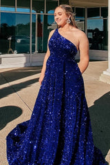 A Line One Shoulder Royal Blue Sequins Long Corset Prom Dress outfits, A Line One Shoulder Royal Blue Sequins Long Prom Dress