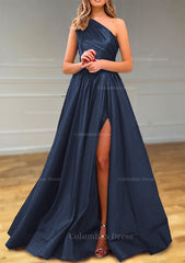 A-line One-Shoulder Satin Corset Prom Dress With Pleated Split outfit, Party Dresses Short Tight