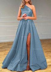 A-line One-Shoulder Satin Corset Prom Dress With Pleated Split outfit, Party Dress Hijab