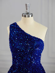 A-line One-Shoulder Sequin Short/Mini Velvet Sequins Dress Gowns, Prom Dresses For Short Girls