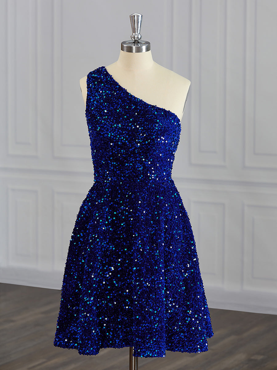 A-line One-Shoulder Sequin Short/Mini Velvet Sequins Dress Gowns, Prom Dresses Gown