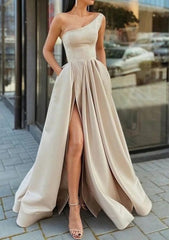 A-line One-Shoulder Sleeveless Long/Floor-Length Satin Corset Prom Dress With Ruffles Split Gowns, Red Carpet Dress