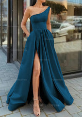 A-line One-Shoulder Sleeveless Long/Floor-Length Satin Corset Prom Dress With Ruffles Split Gowns, Fairytale Dress