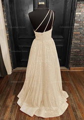 A-line One-Shoulder Sleeveless Long/Floor-Length Sequined Corset Prom Dress With Pockets Gowns, Bridesmaid Dresses Styles