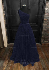A-line One-Shoulder Sleeveless Long/Floor-Length Sequined Corset Prom Dress With Pockets Gowns, Bridesmaides Dresses Long