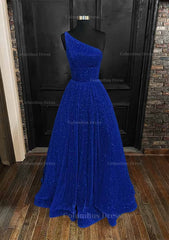 A-line One-Shoulder Sleeveless Long/Floor-Length Sequined Corset Prom Dress With Pockets Gowns, Bridesmaide Dresses Long