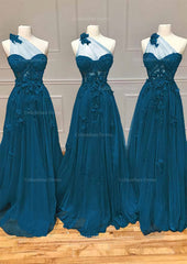 A-line One-Shoulder Sleeveless Long/Floor-Length Tulle Corset Prom Dress with Appliqued Split outfit, Wedding Guest Dress