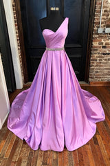 A-line One-Shoulder Sleeveless Satin Long/Floor-Length Corset Prom Dress With Beading Pleated Gowns, Prom Dresses Two Pieces