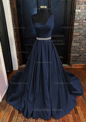 A-line One-Shoulder Sleeveless Satin Long/Floor-Length Corset Prom Dress With Beading Pleated Gowns, Prom Dressed Two Piece