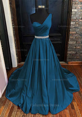 A-line One-Shoulder Sleeveless Satin Long/Floor-Length Corset Prom Dress With Beading Pleated Gowns, Prom Dress Two Pieces