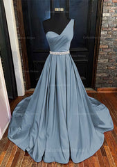 A-line One-Shoulder Sleeveless Satin Long/Floor-Length Corset Prom Dress With Beading Pleated Gowns, Formal Dress