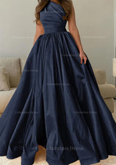 A-line One-Shoulder Sleeveless Sweep Train Satin Corset Prom Dress with Pleated Gowns, Bridesmaid Dresses Mismatched Winter