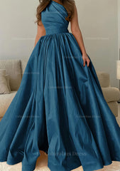 A-line One-Shoulder Sleeveless Sweep Train Satin Corset Prom Dress with Pleated Gowns, Beach Wedding