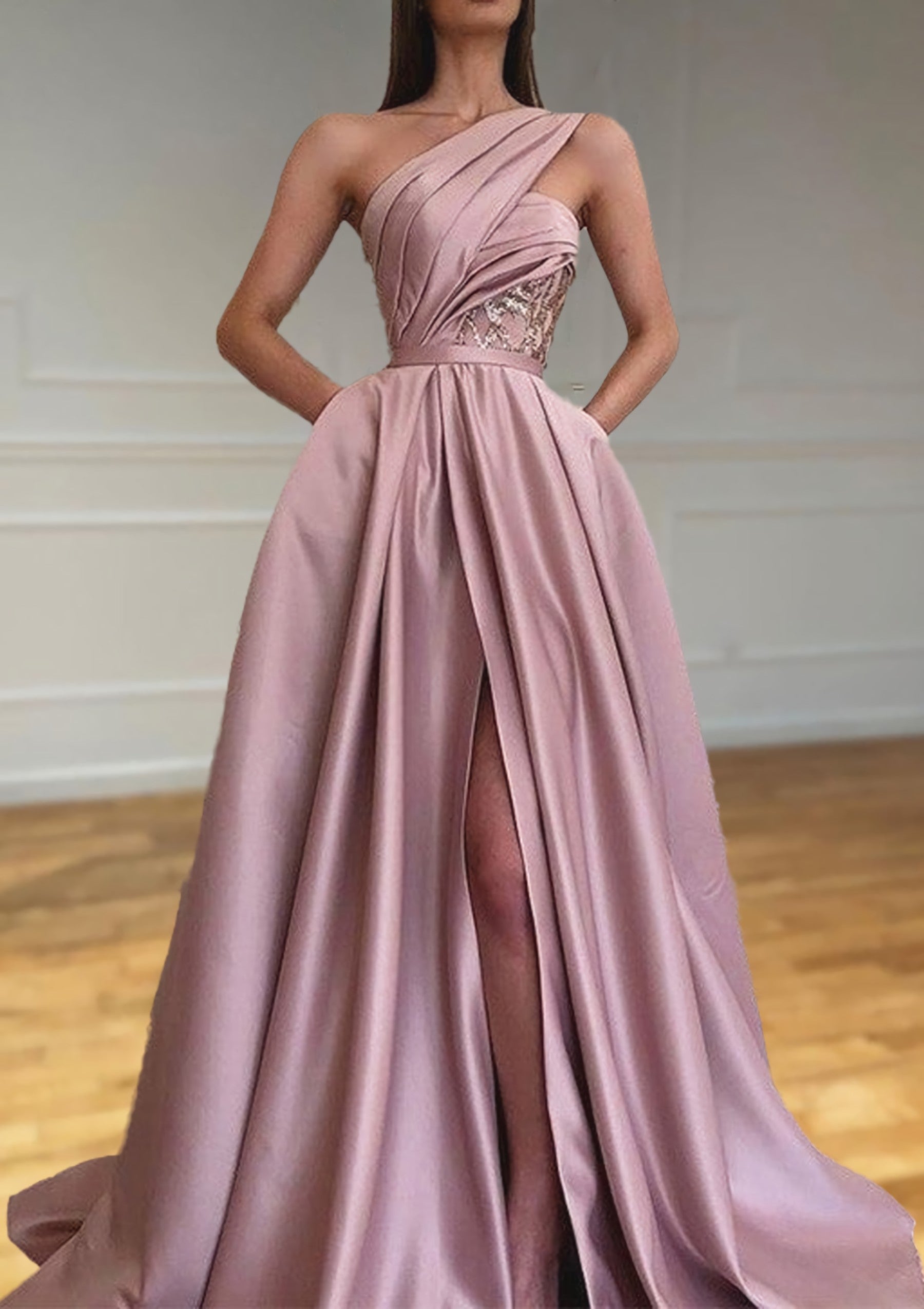 A-line One-Shoulder Sleeveless Sweep Train Satin Corset Prom Dresses With Split Pleated Gowns, Prom Dressed Two Piece