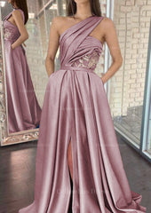 A-line One-Shoulder Sleeveless Sweep Train Satin Corset Prom Dresses With Split Pleated Gowns, Prom Dress Two Pieces