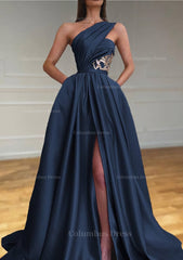 A-line One-Shoulder Sleeveless Sweep Train Satin Corset Prom Dresses With Split Pleated Gowns, Formal Dress