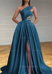 A-line One-Shoulder Sleeveless Sweep Train Satin Corset Prom Dresses With Split Pleated Gowns, Prom