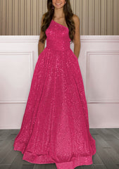 A-line One-Shoulder Sleeveless Sweep Train Sequined Corset Prom Dress with Pockets Gowns, Bridesmaid Dress Mdae To Order