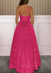 A-line One-Shoulder Sleeveless Sweep Train Sequined Corset Prom Dress with Pockets Gowns, Bridesmaid Dress Under 102