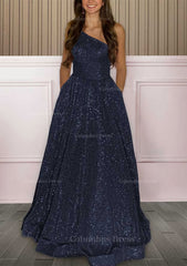 A-line One-Shoulder Sleeveless Sweep Train Sequined Corset Prom Dress with Pockets Gowns, Bridesmaids Dresses Under 102