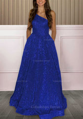 A-line One-Shoulder Sleeveless Sweep Train Sequined Corset Prom Dress with Pockets Gowns, Bridesmaids Dress Under 102